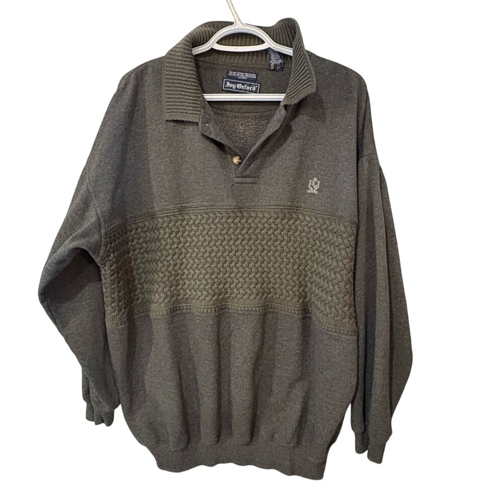 Vintage Ivy Oxford Grey Knit Polo Sweatshirt Chunky  Prep Style‎ Grandpa Lrg